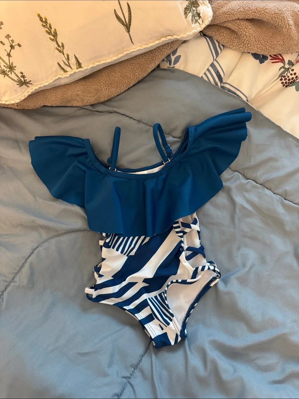 Girls' Blue Ruffle One-Piece Swimsuit - Nautical Stripe